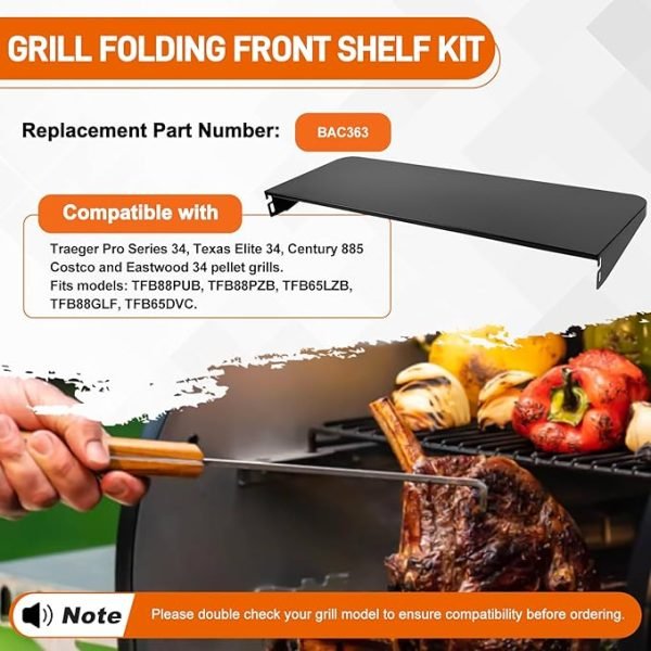 Folding Front Shelf for Traeger Pro 34, Texas Elite 34, Century 885, Eastwood 34 Pellet Grills, Heavy-Duty Grill Accessory Replacement Part BAC363 Folding Shelf for Traeger Pellet Grill, 37" x 12"