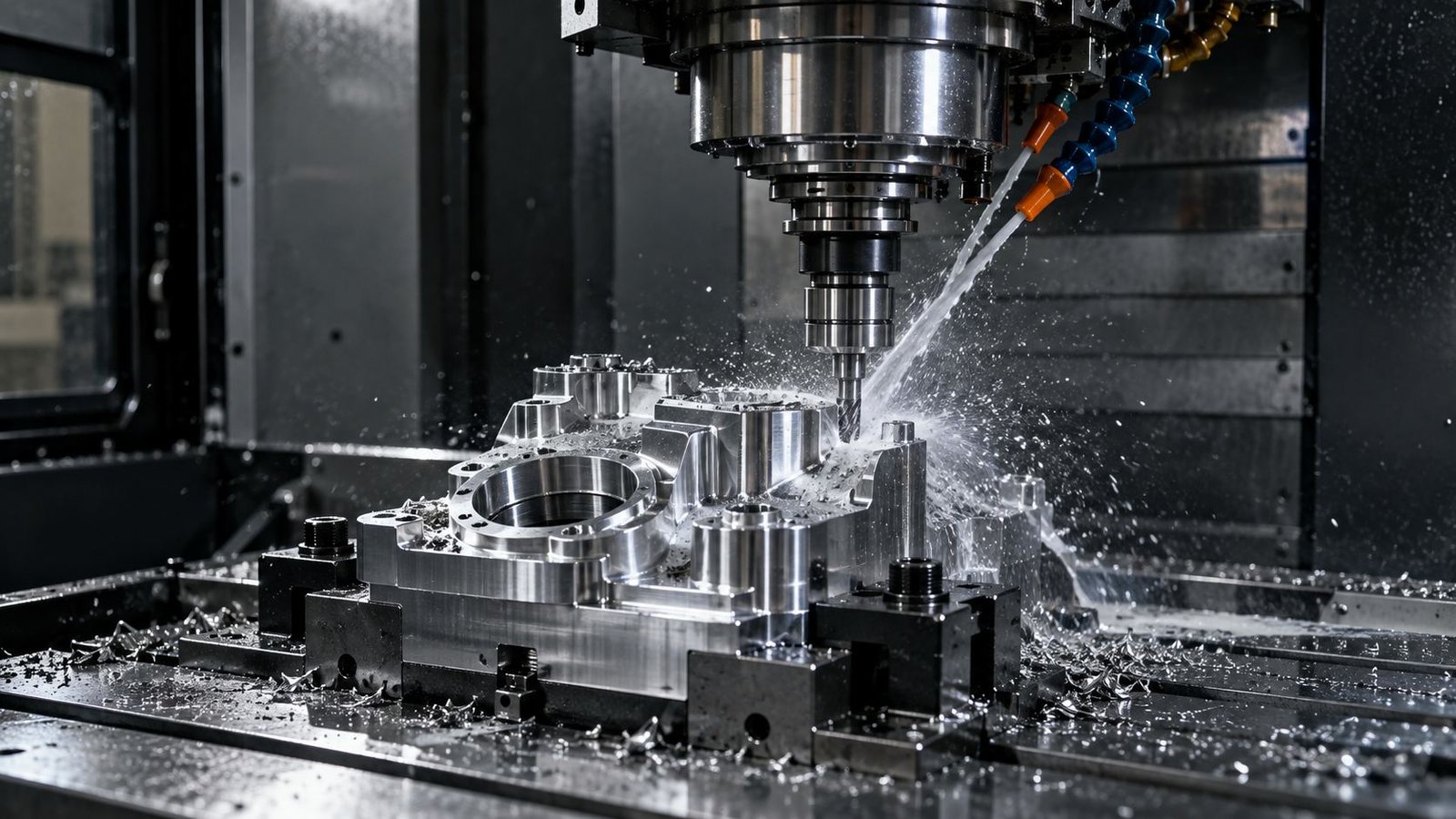 CNC machining center milling an aluminum component